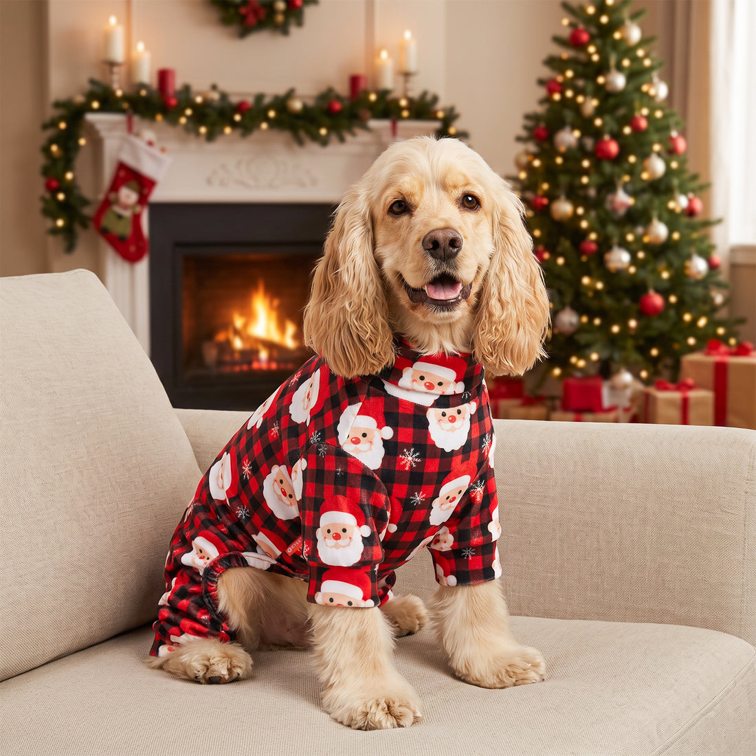 Santa Buffalo Plaid Dog Christmas Pajamas, Santa faces on red and black buffalo plaid, dog wearing the pajamas in a holiday or home setting