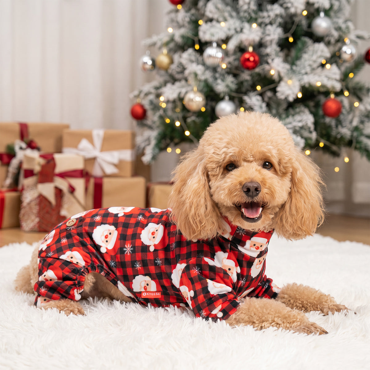 Santa Buffalo Plaid Dog Christmas Pajamas, Santa faces on red and black buffalo plaid, dog wearing the pajamas in a holiday or home setting