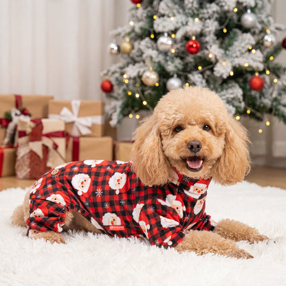 Santa Buffalo Plaid Dog Christmas Pajamas, Santa faces on red and black buffalo plaid, dog wearing the pajamas in a holiday or home setting
