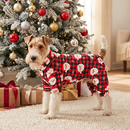 Santa Buffalo Plaid Dog Christmas Pajamas, Santa faces on red and black buffalo plaid, dog wearing the pajamas in a holiday or home setting