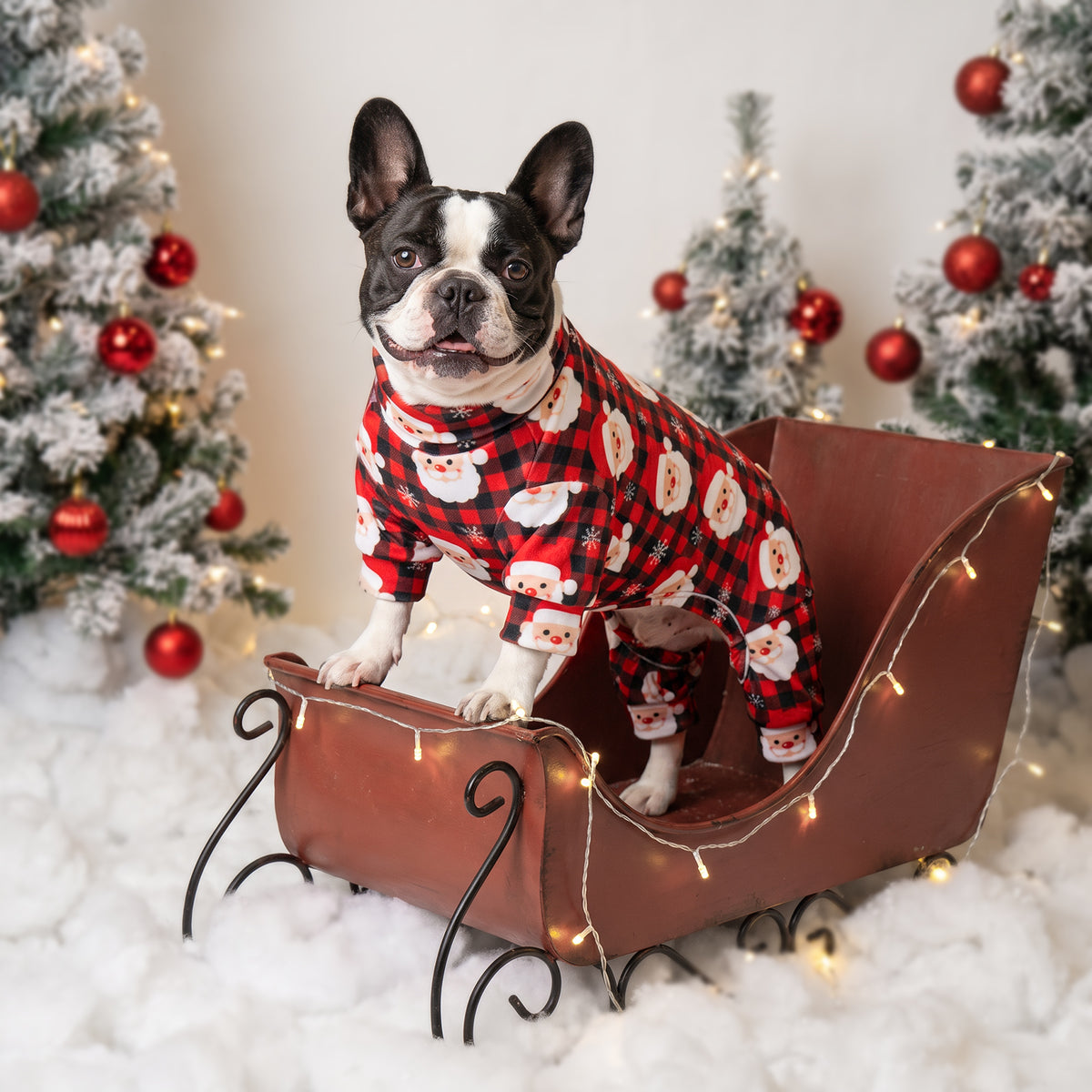 Santa Buffalo Plaid Dog Christmas Pajamas, Santa faces on red and black buffalo plaid, dog wearing the pajamas in a holiday or home setting