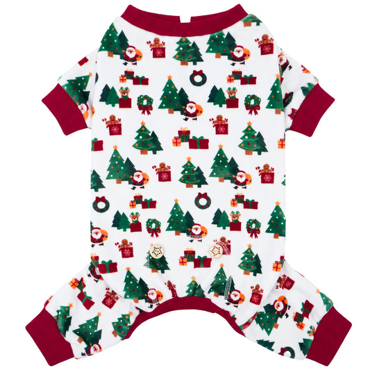 Santa&Tree Dog Christmas Pajamas, Santa and green Christmas trees on white fabric with burgundy trim, four-leg pajama flat lay