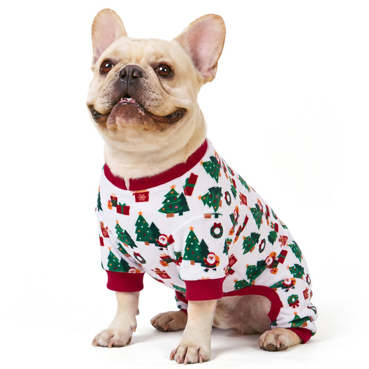 Santa&Tree Dog Christmas Pajamas, Santa and green Christmas trees on white fabric with burgundy trim, dog wearing the four-leg pajamas on a white background