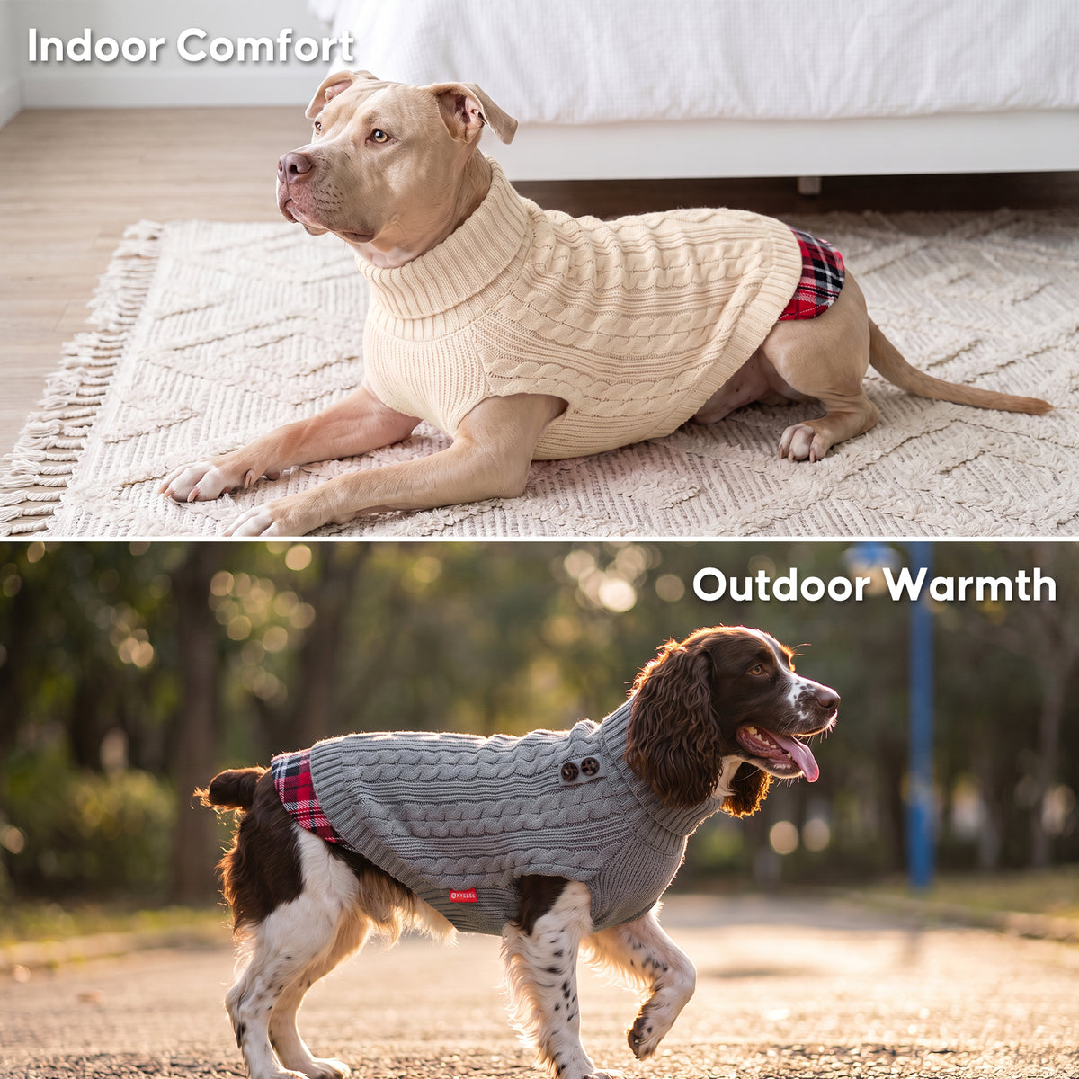 Cream cable knit dog sweater for indoor comfort and grey turtleneck dog sweater with plaid hem worn outdoors
