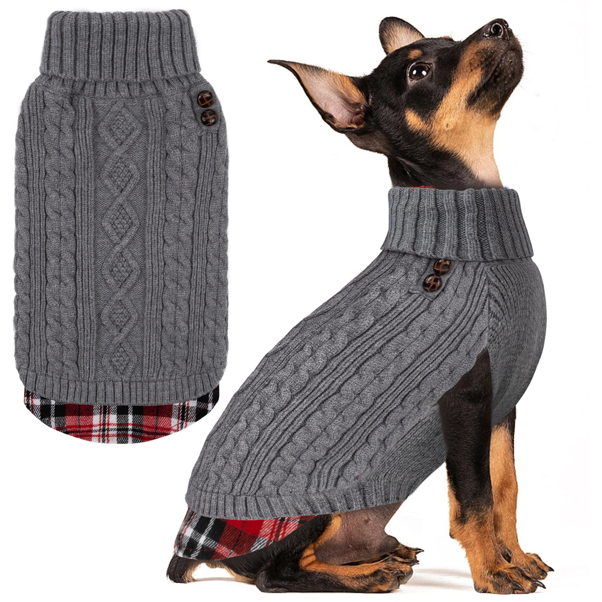 Chihuahua wearing a grey cable knit turtleneck dog sweater beside a matching flat lay with plaid hem
