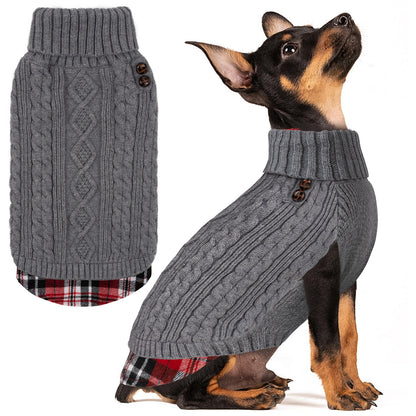 Chihuahua wearing a grey cable knit turtleneck dog sweater beside a matching flat lay with plaid hem