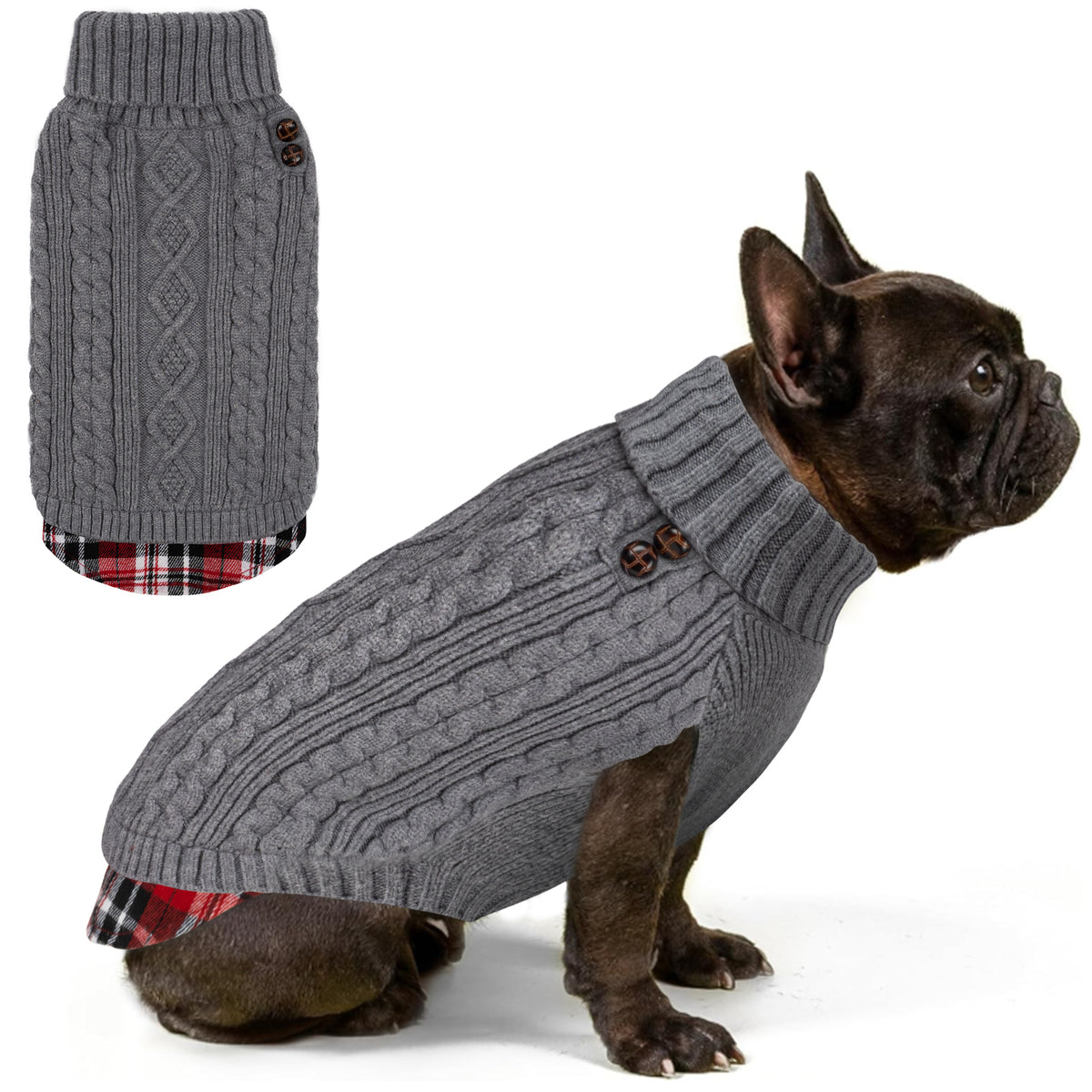 French Bulldog wearing a grey cable knit turtleneck dog sweater beside a matching flat lay with plaid hem