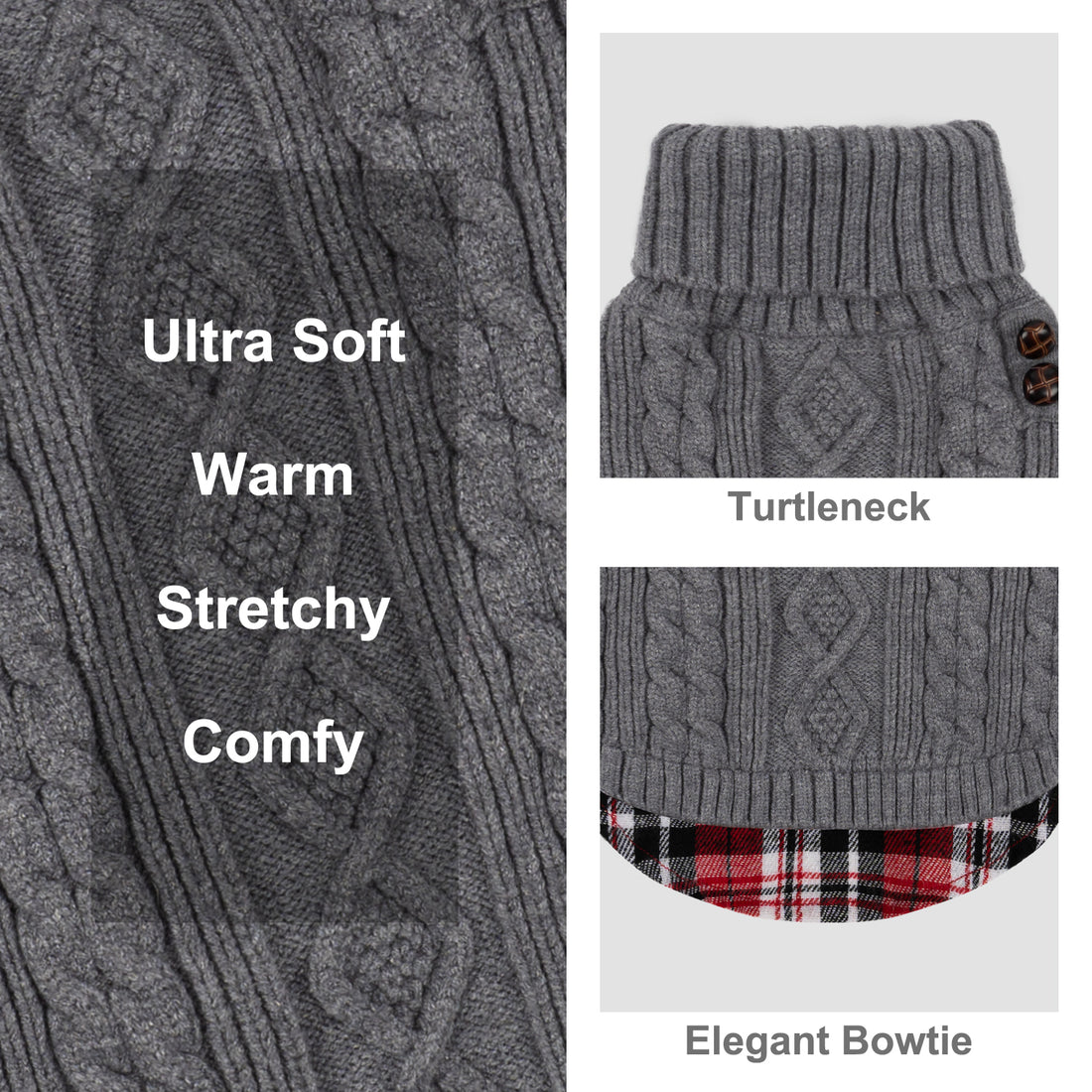 Grey cable knit dog sweater details showing soft stretchy fabric, ribbed turtleneck, shoulder buttons and plaid hem