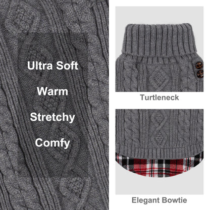 Grey cable knit dog sweater details showing soft stretchy fabric, ribbed turtleneck, shoulder buttons and plaid hem