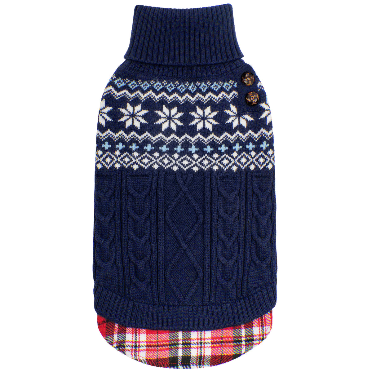 Navy Fair Isle turtleneck stretchy dog sweater with gingham hem flat lay