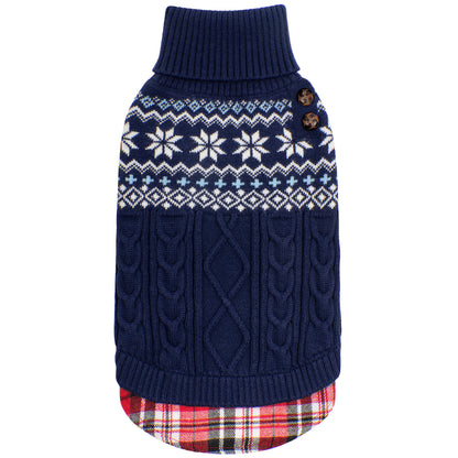 Navy Fair Isle turtleneck stretchy dog sweater with gingham hem flat lay