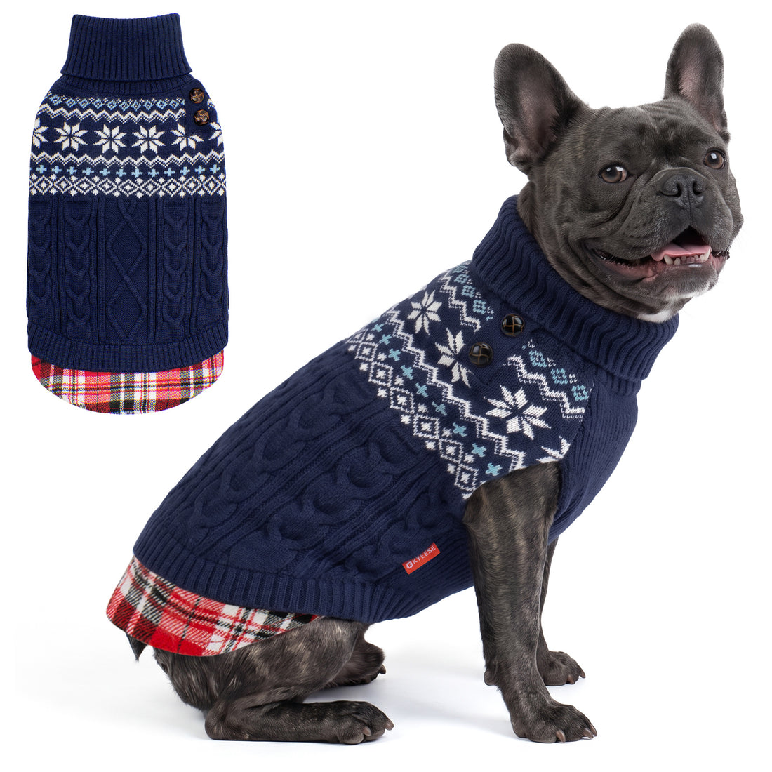 Navy Fair Isle turtleneck stretchy dog sweater on a small French Bulldog with a matching flat lay
