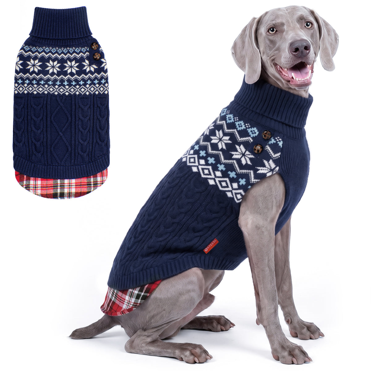 Navy Fair Isle turtleneck stretchy dog sweater on a large Weimaraner with a matching flat lay