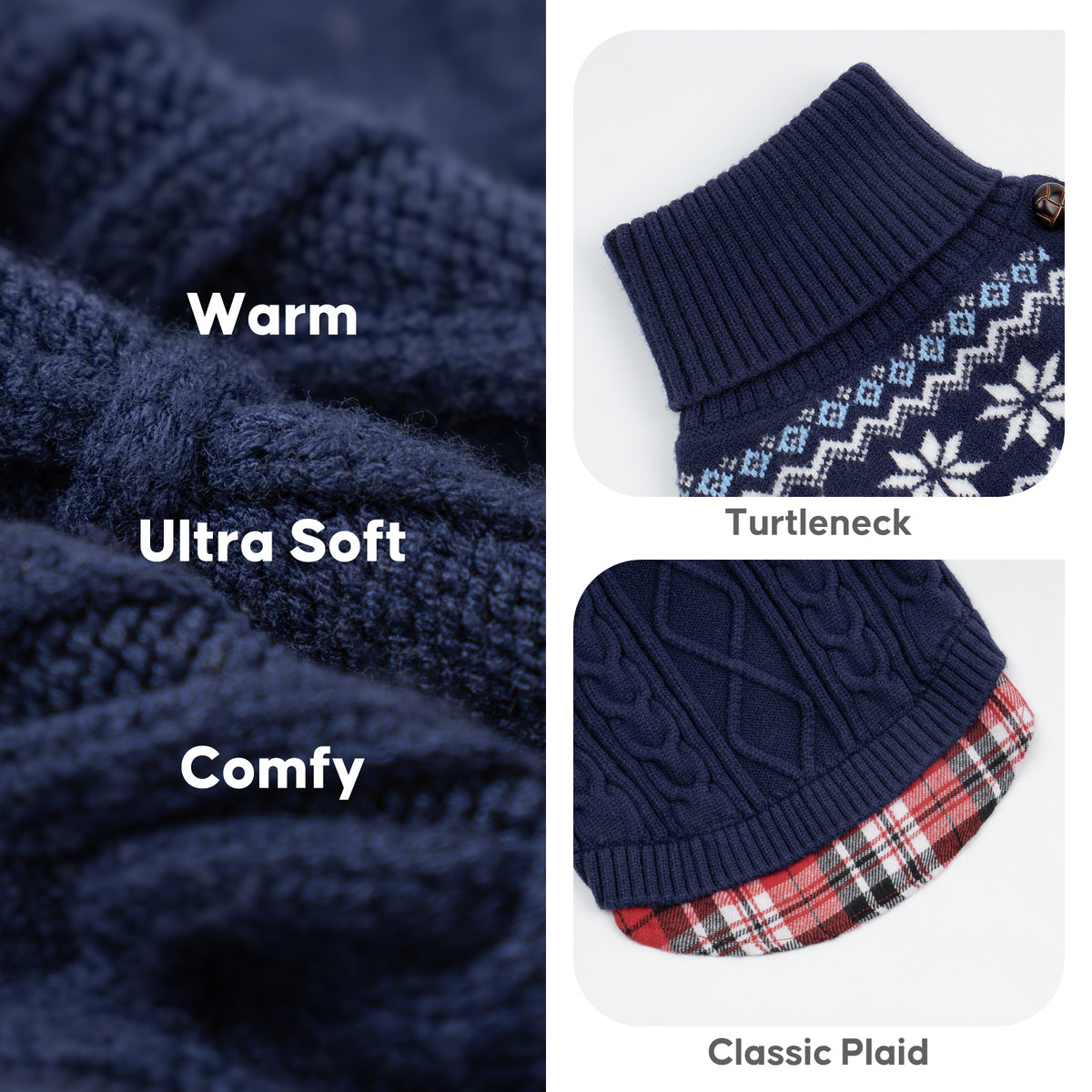 Navy Fair Isle dog sweater details with turtleneck, cable knit and gingham hem