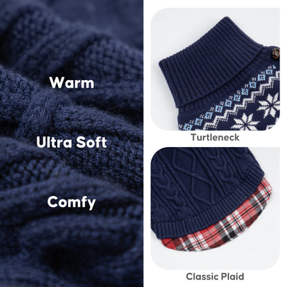 Navy Fair Isle dog sweater details with turtleneck, cable knit and gingham hem