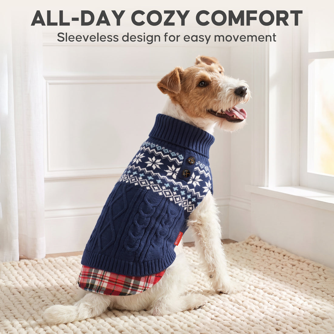 Navy Fair Isle turtleneck stretchy dog sweater lifestyle image