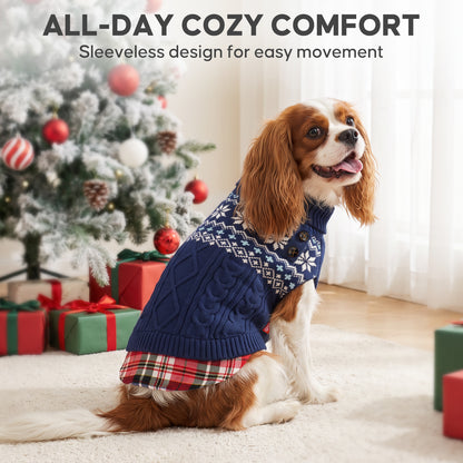 Navy Fair Isle turtleneck dog sweater in a Christmas setting