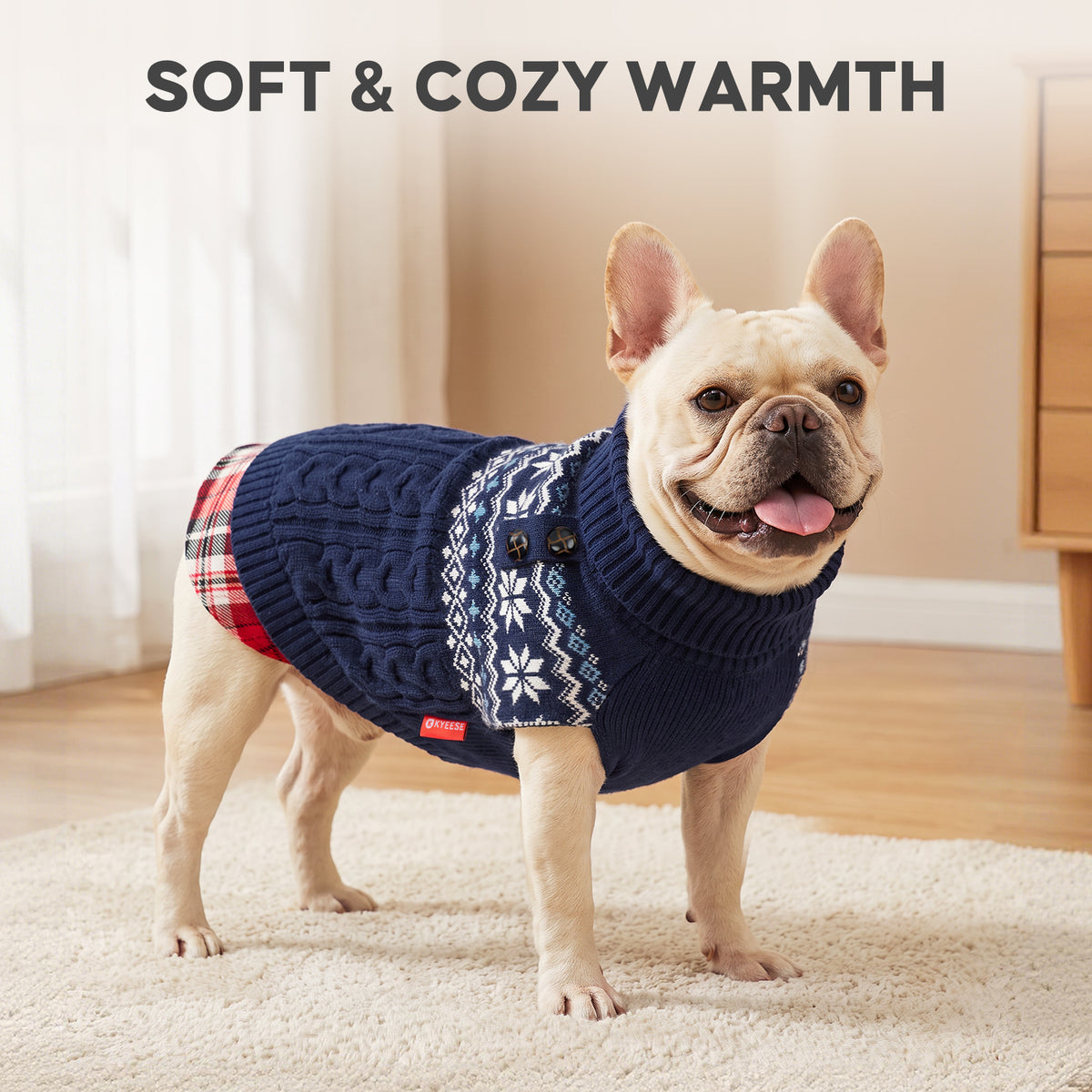 Navy Fair Isle turtleneck stretchy dog sweater lifestyle image