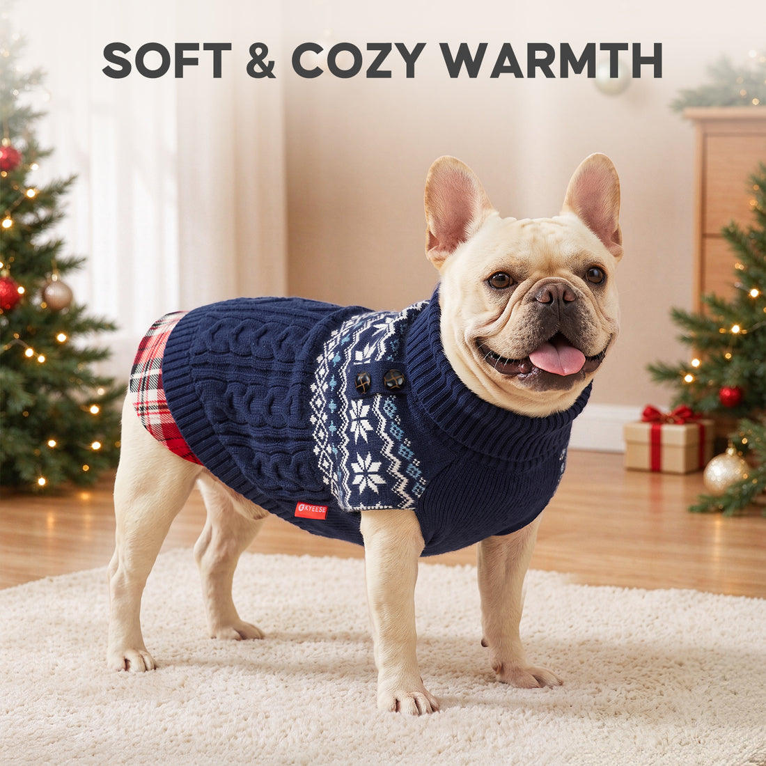 Navy Fair Isle turtleneck dog sweater in a Christmas setting