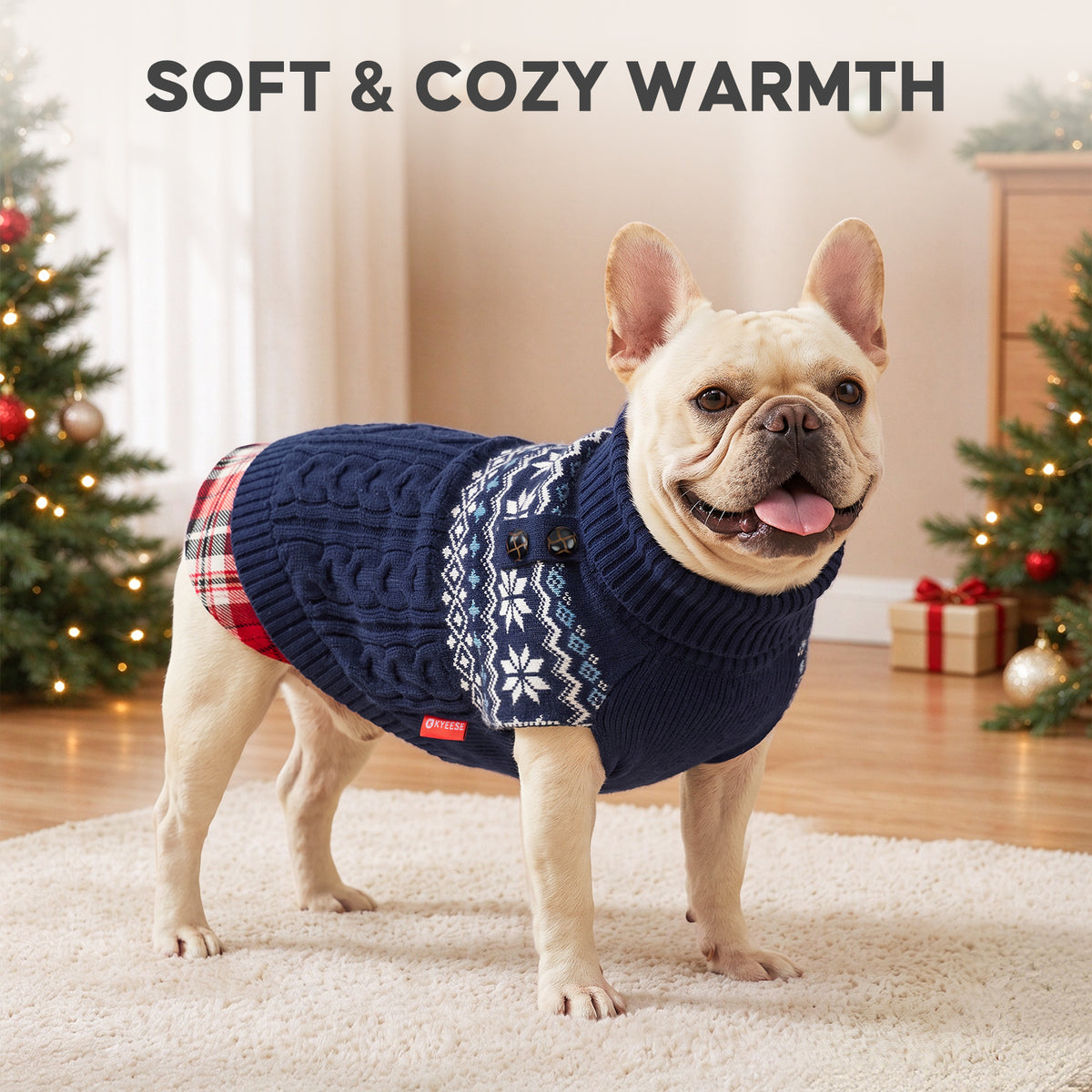 Navy Fair Isle turtleneck dog sweater in a Christmas setting