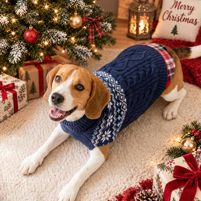 Navy Fair Isle turtleneck stretchy dog sweater lifestyle image