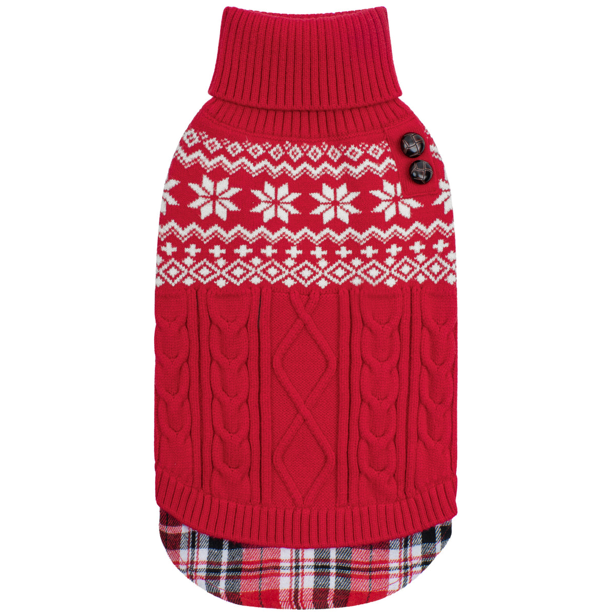 Red Fair Isle turtleneck stretchy dog sweater with gingham hem flat lay