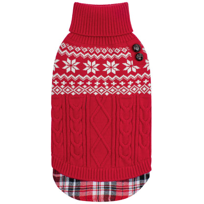 Red Fair Isle turtleneck stretchy dog sweater with gingham hem flat lay
