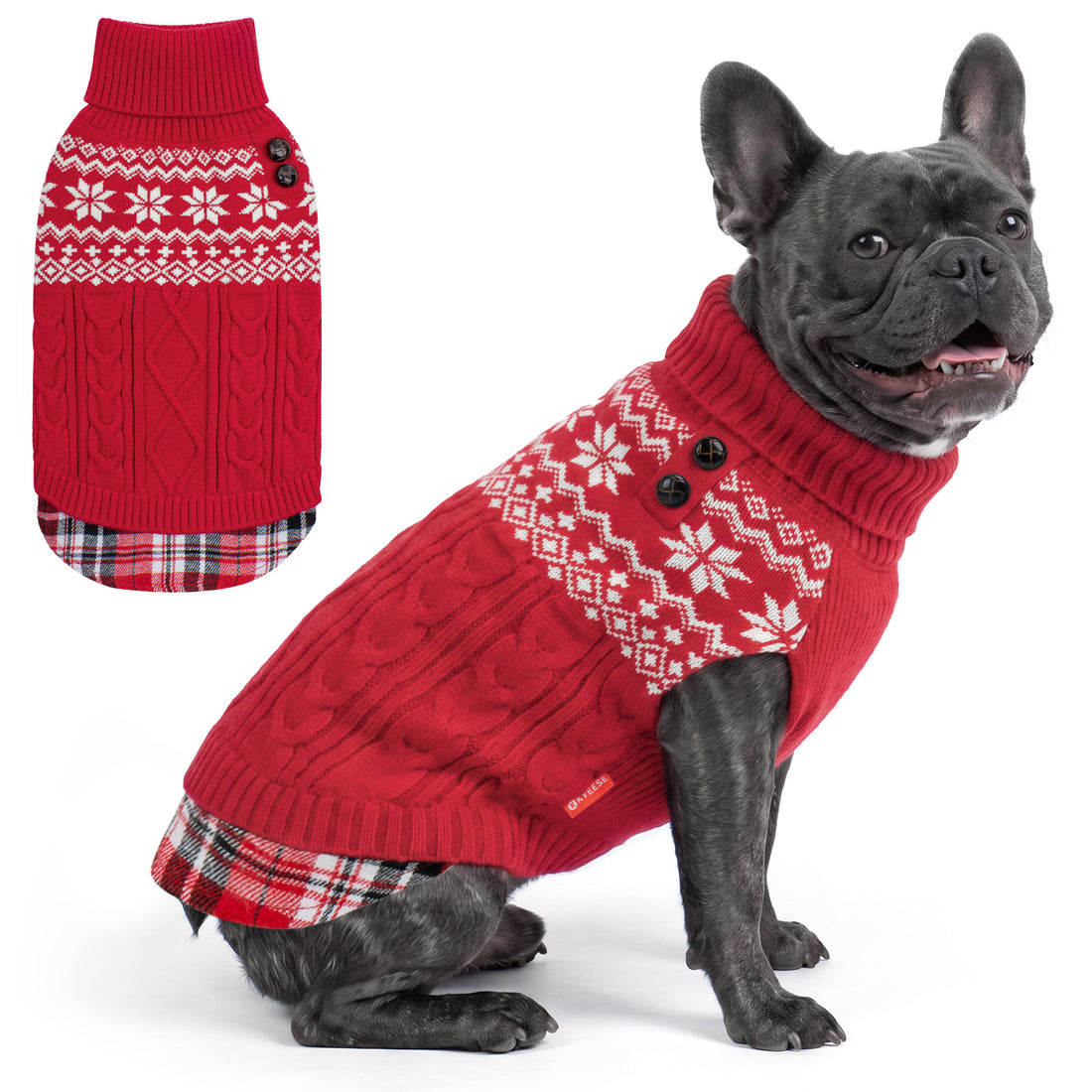 Red Fair Isle turtleneck stretchy dog sweater on a small French Bulldog with a matching flat lay