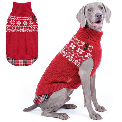 Red Fair Isle turtleneck stretchy dog sweater on a large Weimaraner with a matching flat lay