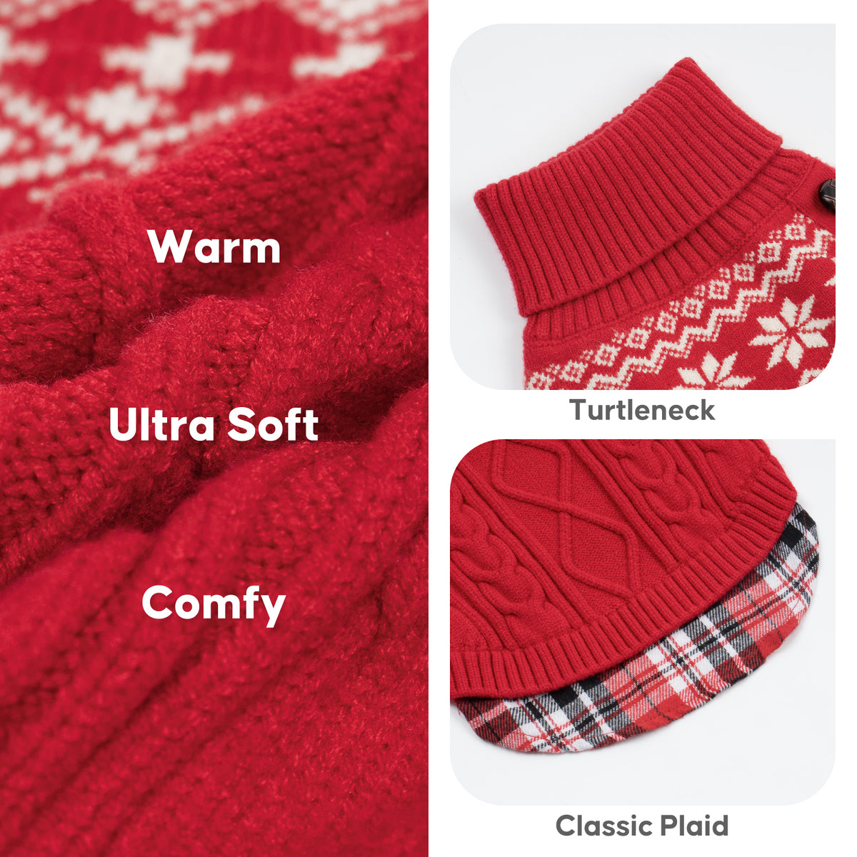 Red Fair Isle dog sweater details with turtleneck, cable knit and gingham hem
