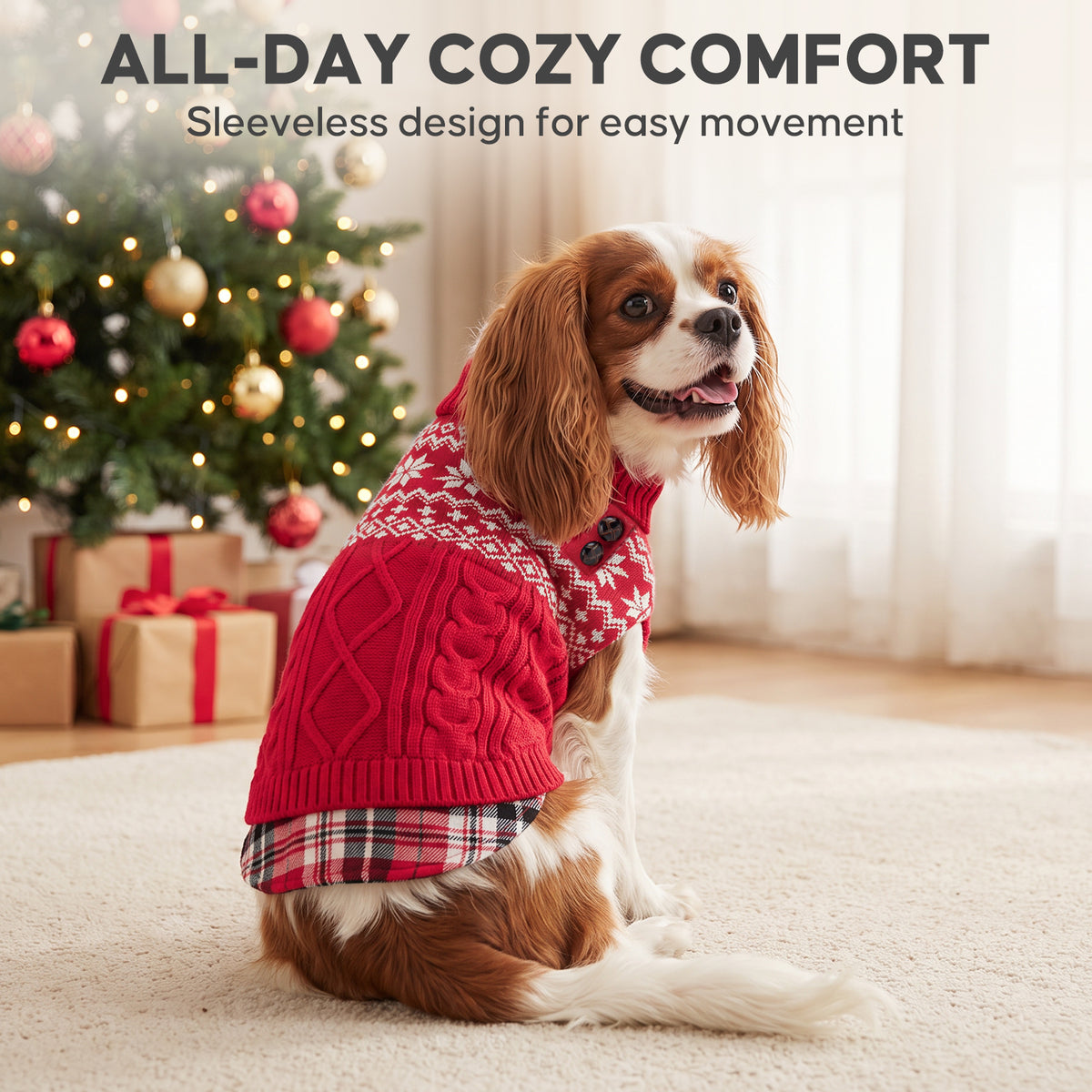 Red Fair Isle turtleneck stretchy dog sweater lifestyle image