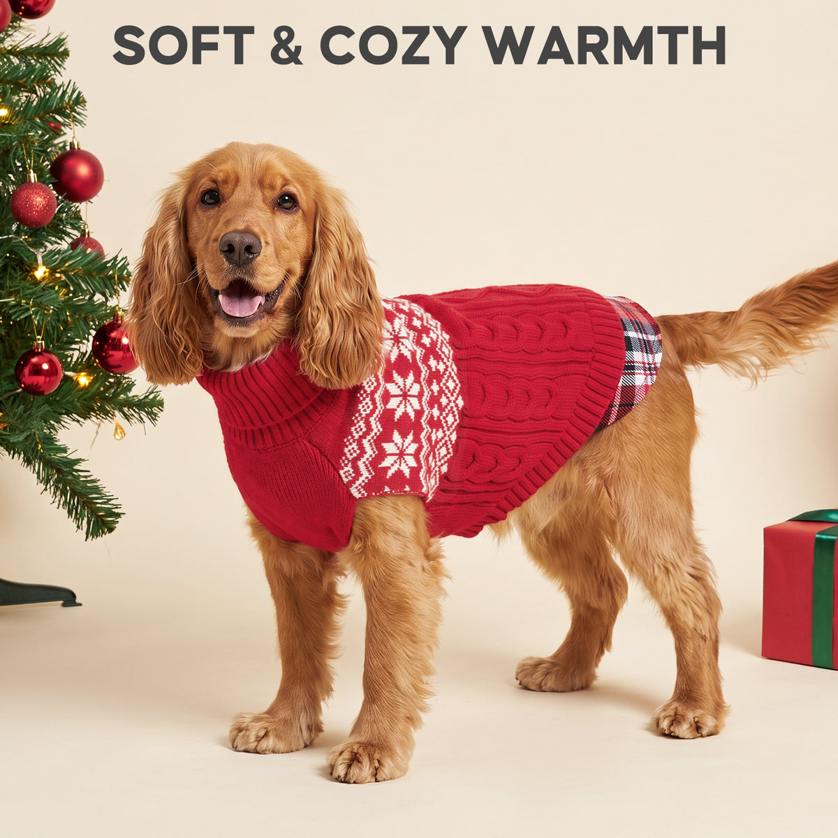 Red Fair Isle turtleneck stretchy dog sweater lifestyle image