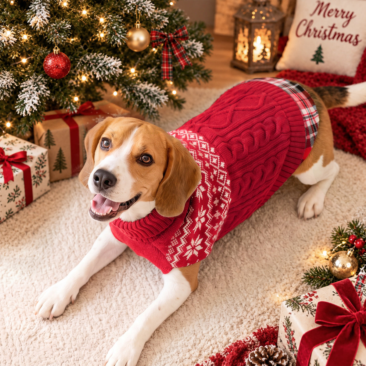 Red Fair Isle turtleneck stretchy dog sweater lifestyle image