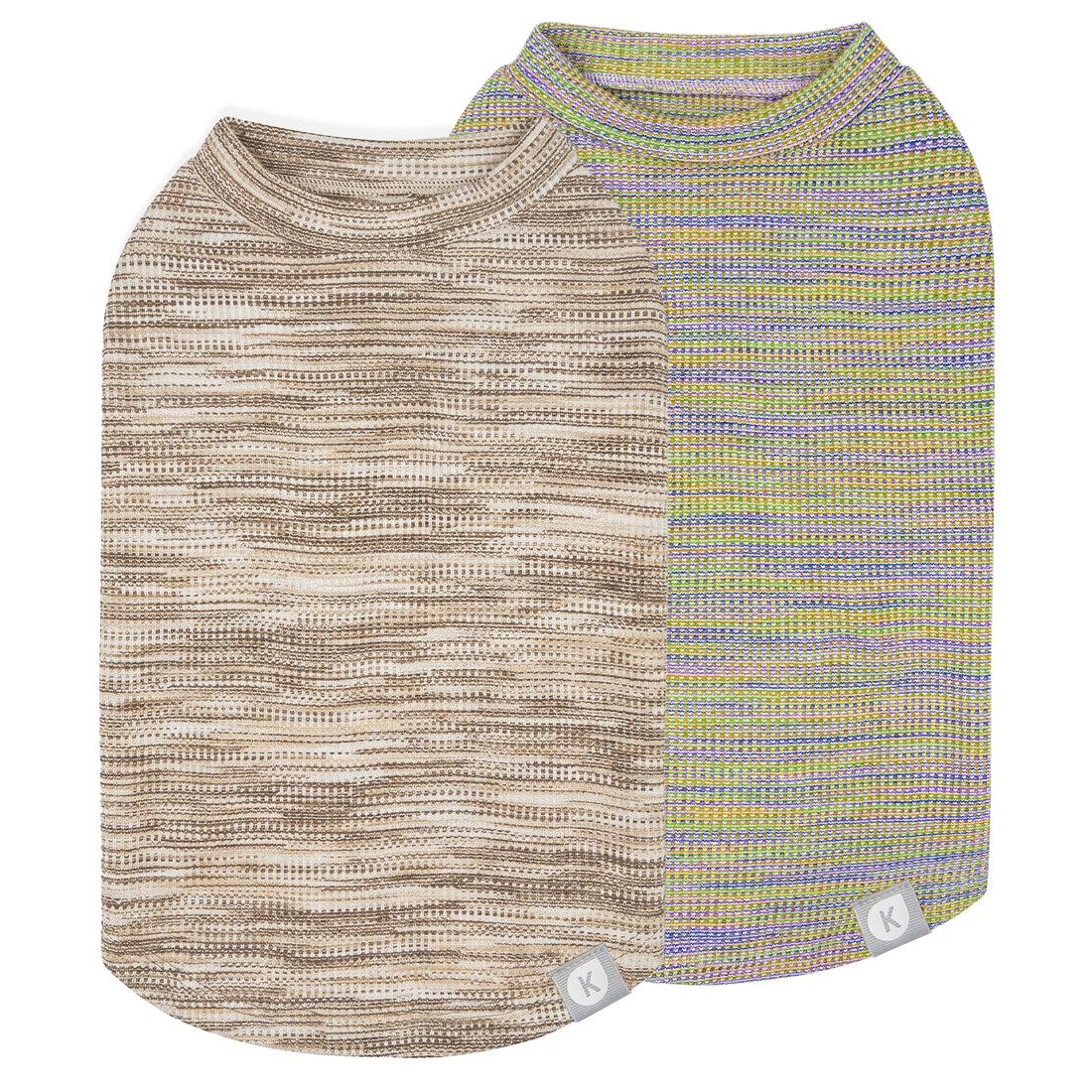 Two marled waffle knit dog shirts in beige and multicolor stripes, flat lay