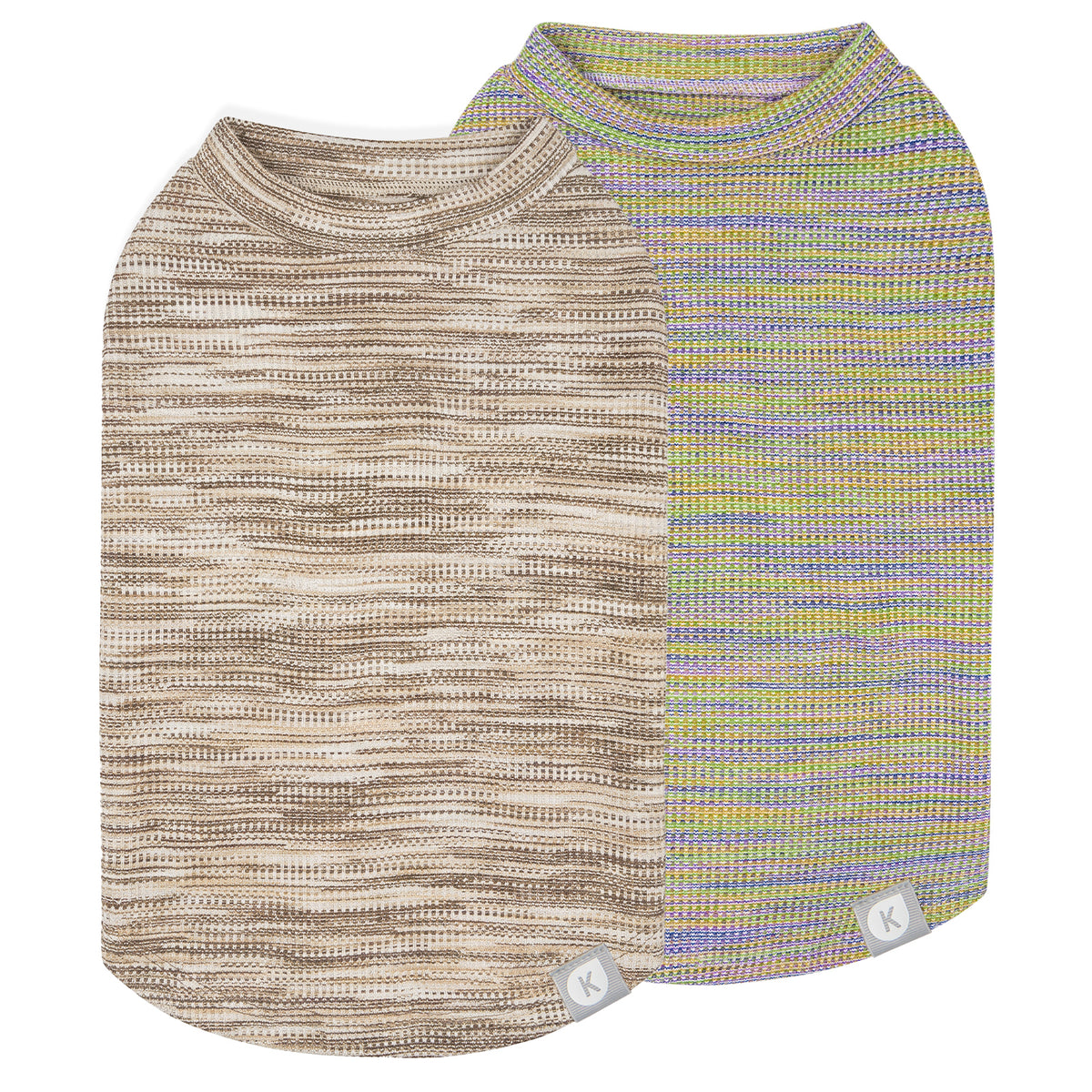 Two marled waffle knit dog shirts in beige and multicolor stripes, flat lay
