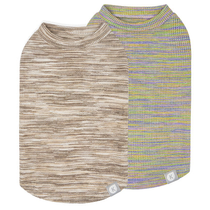 Two marled waffle knit dog shirts in beige and multicolor stripes, flat lay