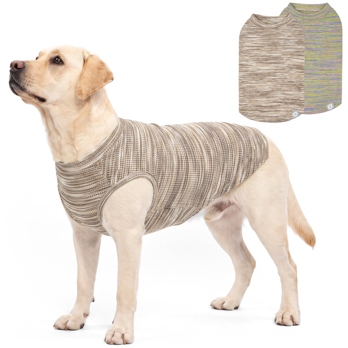 Golden dog standing in beige marled sleeveless waffle knit shirt, side view