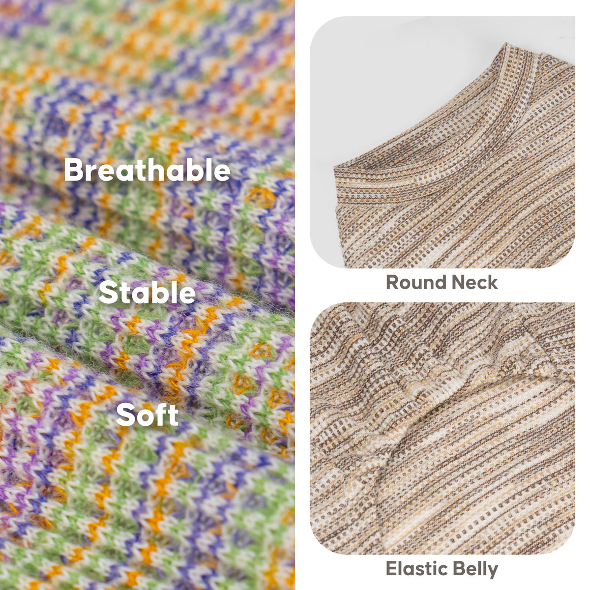 Marled knit fabric, beige round neckline and gathered belly details