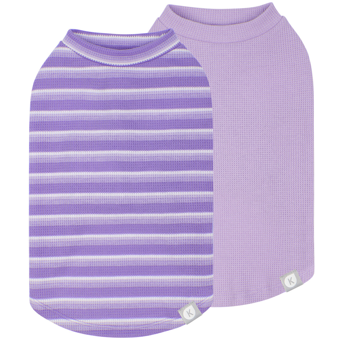 Purple striped dog shirt and solid lavender waffle knit shirt, sleeveless 2 pack flat lay