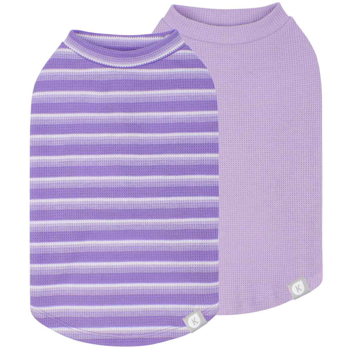 Purple striped dog shirt and solid lavender waffle knit shirt, sleeveless 2 pack flat lay
