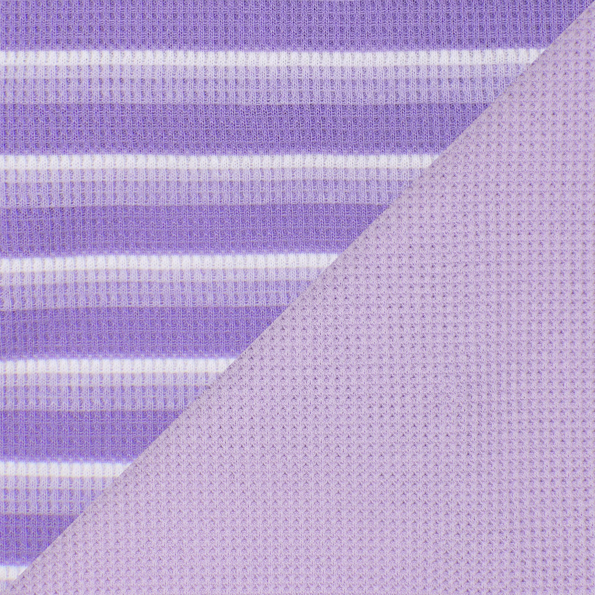 Close-up of purple and white striped knit beside solid lavender waffle fabric