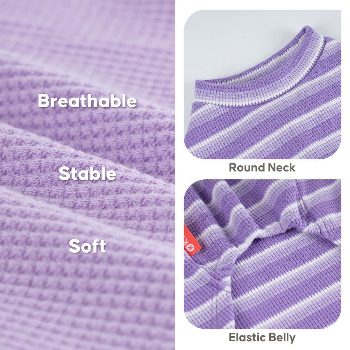 Lavender waffle knit texture, striped round neckline and gathered belly fabric details