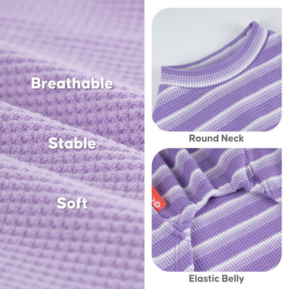 Lavender waffle knit texture, striped round neckline and gathered belly fabric details