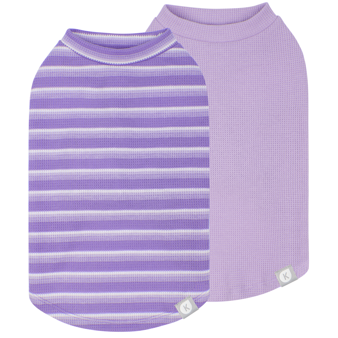 Purple striped and solid lavender sleeveless dog shirts shown on black background