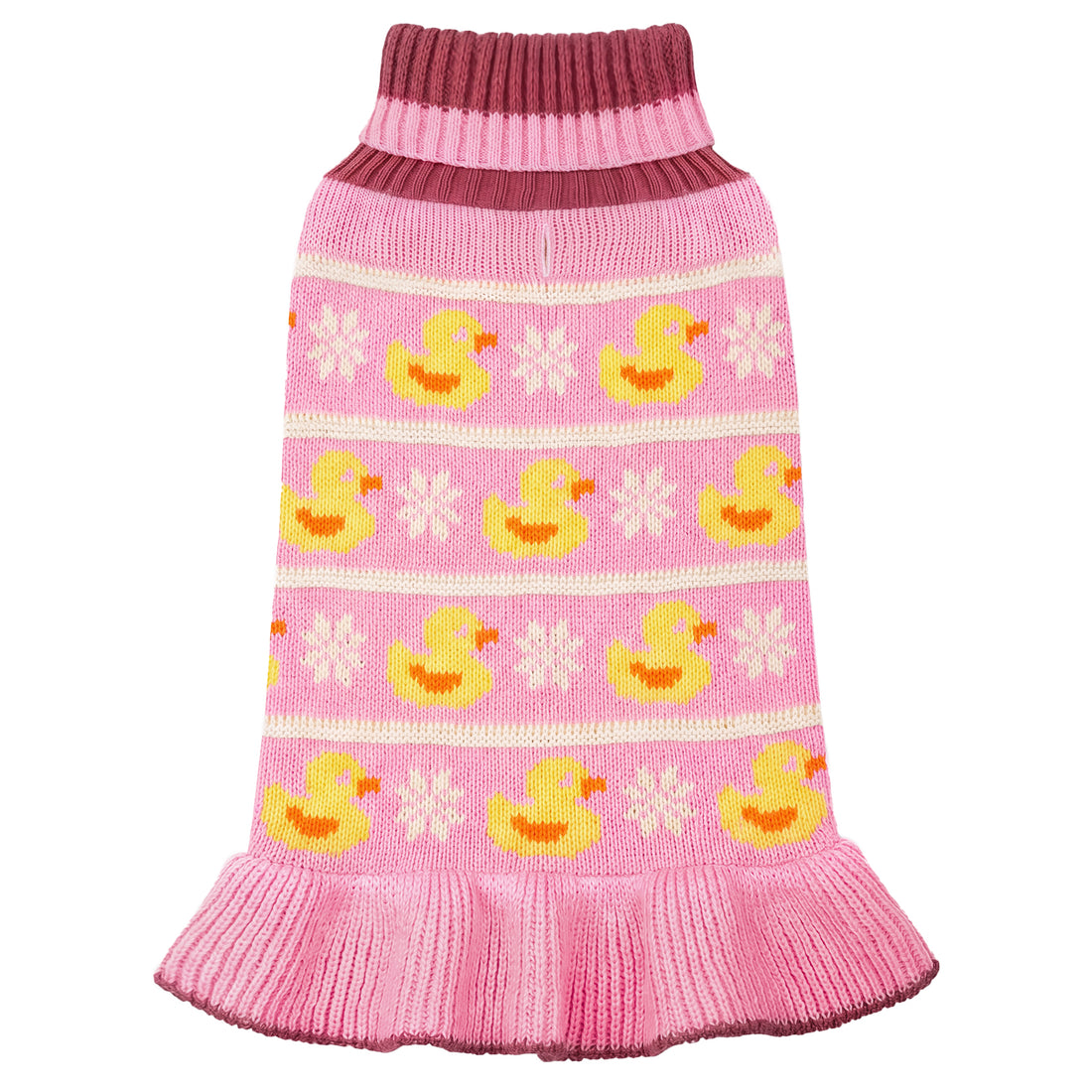 Pink duck dog sweater dress with yellow ducks, white flowers and ribbed skirt, flat lay