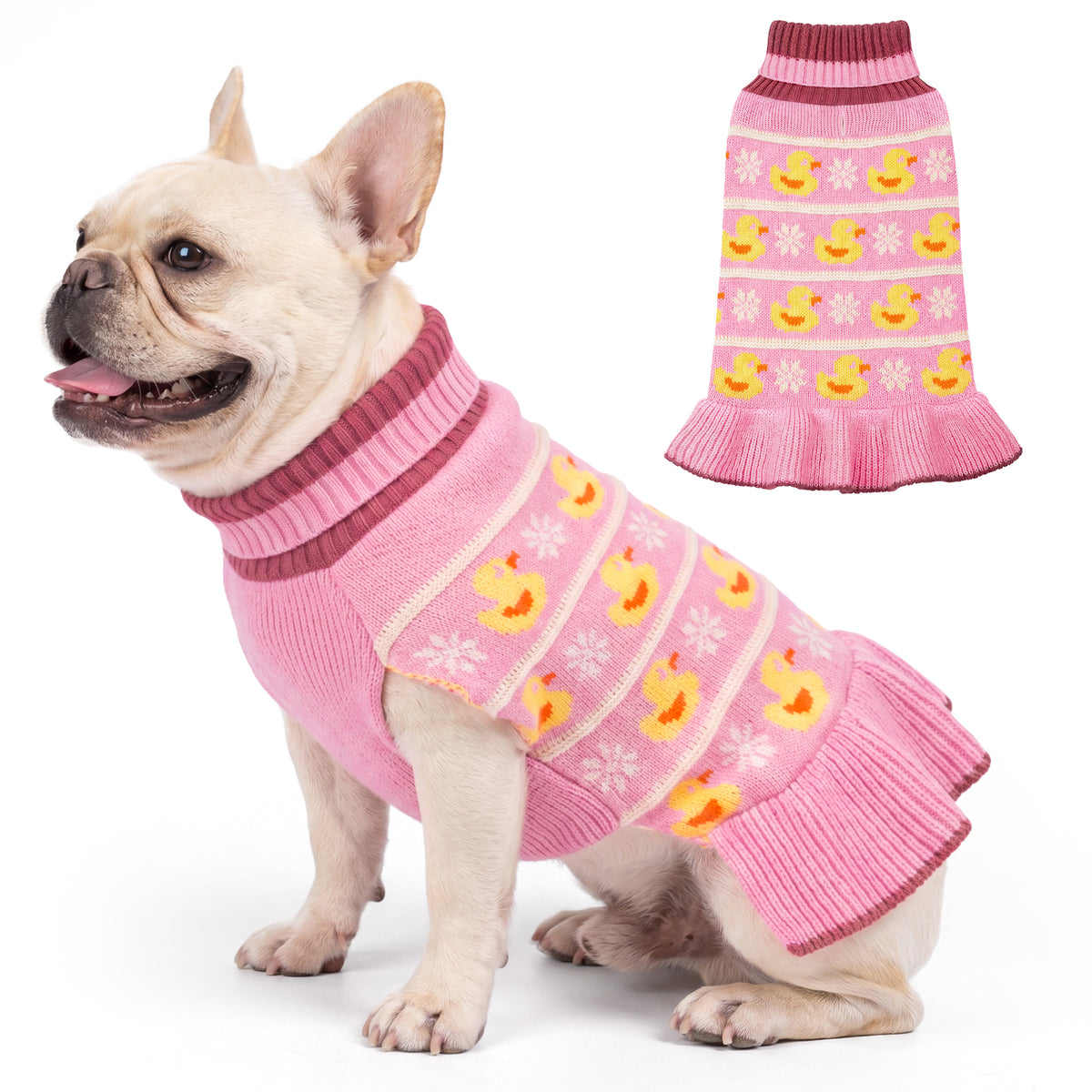 Cream French bulldog wearing pink knit dress with yellow ducks beside a flat lay
