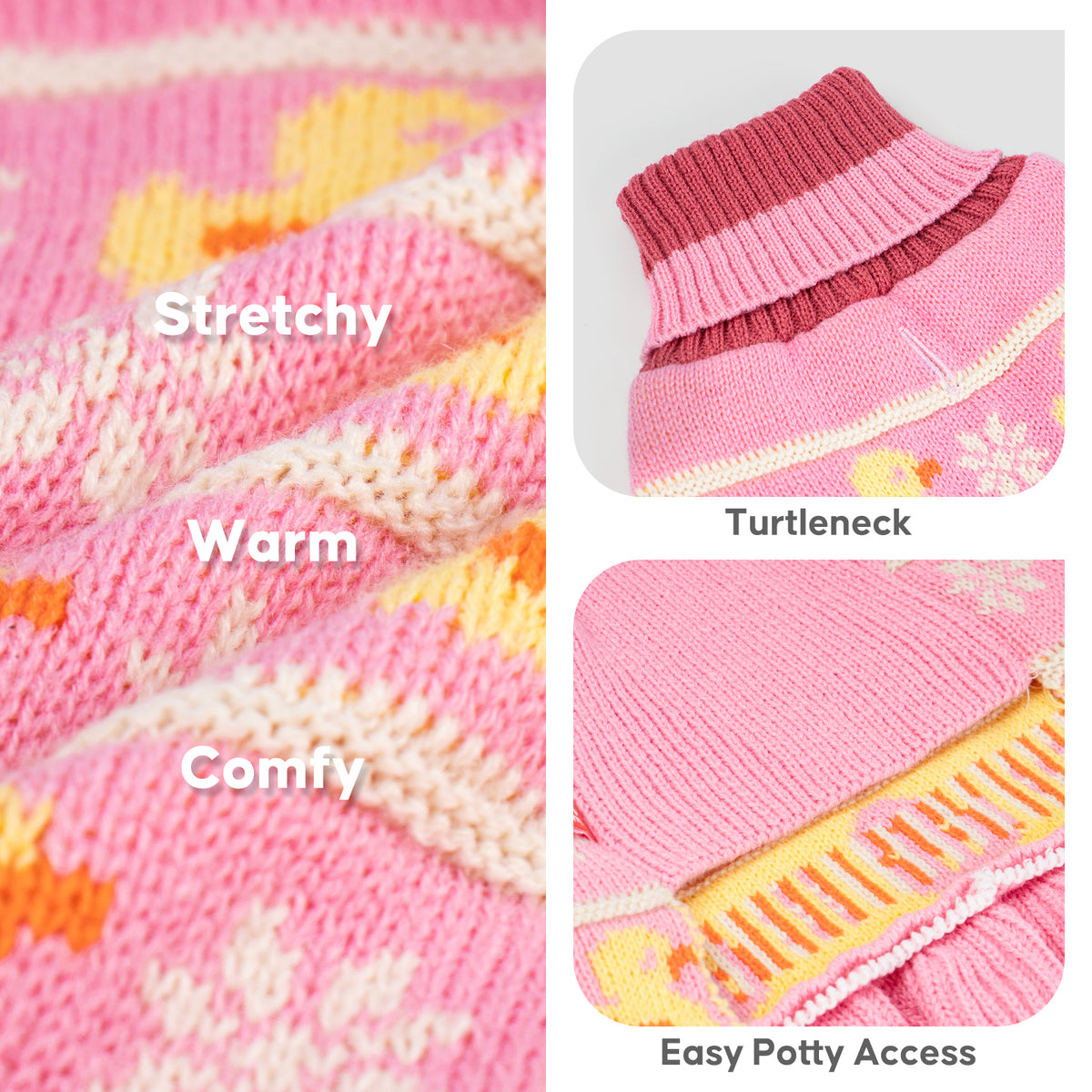 Close-ups of pink duck knit, ribbed turtleneck and underside opening