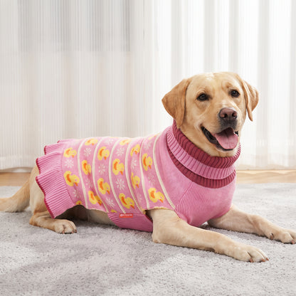 Tan dog resting indoors wearing a pink duck knit dog dress with ribbed collar