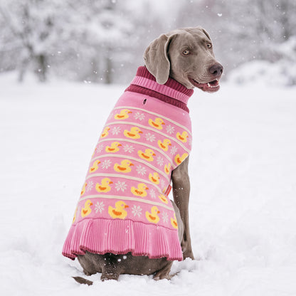 Gray dog sitting in snow wearing a pink duck sweater dress, rear view