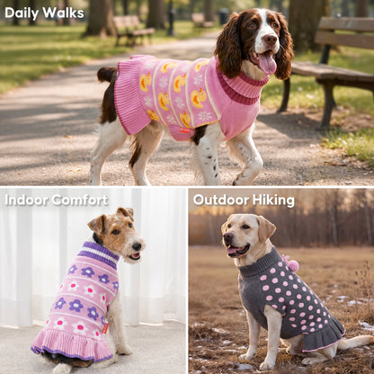 Collage of dogs in pink duck, purple floral and black polka dot sweater dresses